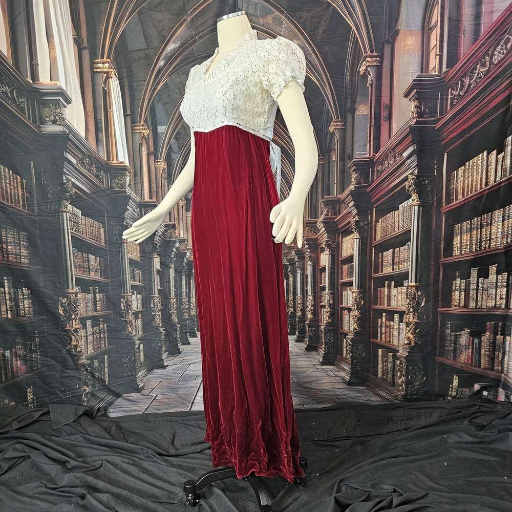 Vintage 70s Empire Waist Maxi Dress Red Velvet White Lace Regency Core Gown - Picture 2 of 10